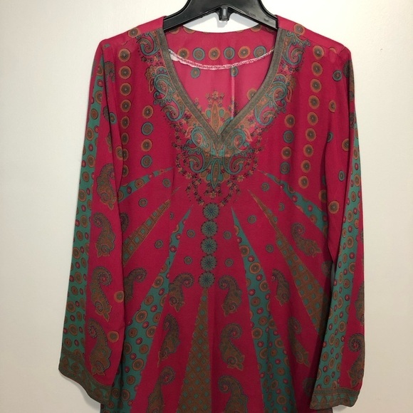 Kurti Magenta Blue Print Long Sleeve Side Slits Sheer Lightweight Tunic Dress - Picture 3 of 13